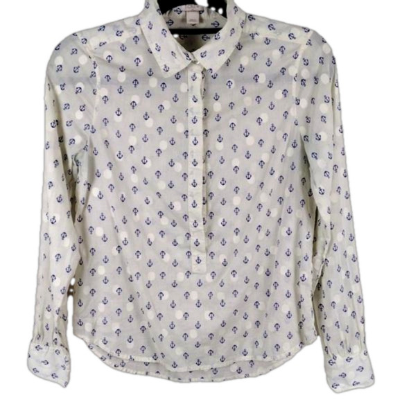 J. Crew Factory Cream Nautical Theme Long Sleeve 3/4 Button Up High Low Top - Picture 1 of 16